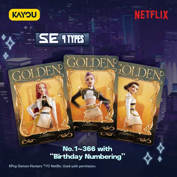 Three 'Golden' themed cards with characters on a cityscape background, featuring KAYOU and Netflix logos.