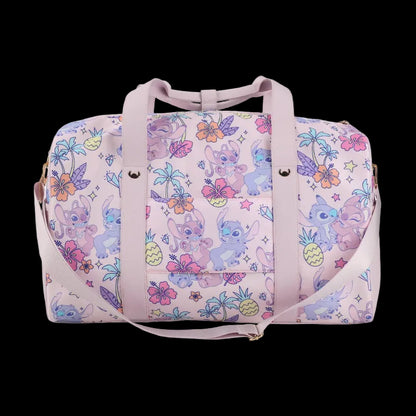 Pink duffel bag with cartoon character and floral pattern on a white background