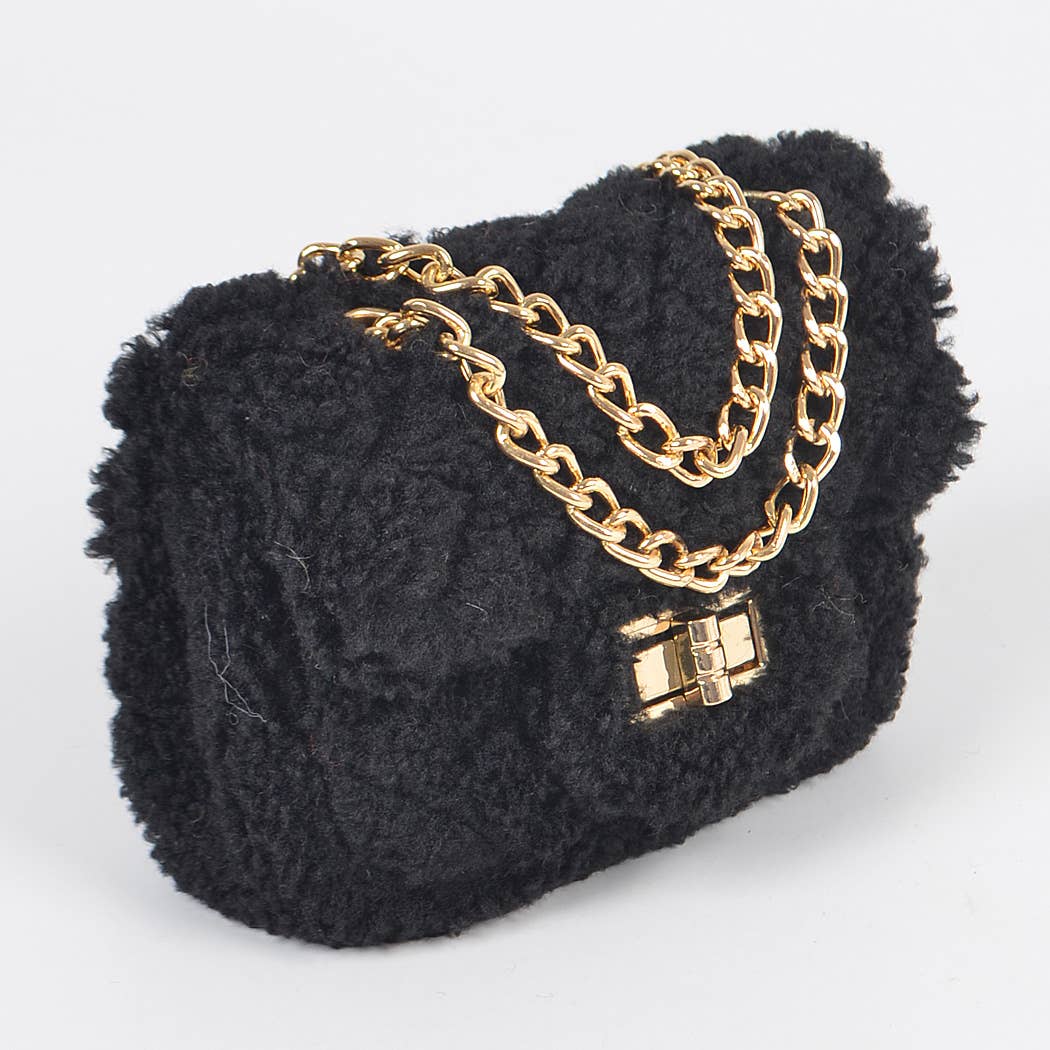 Faux Fur Mini Crossbody Bag: Black