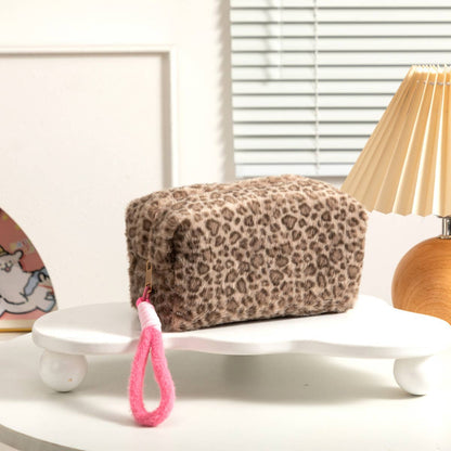 Fluffy Plush Leopard Print Cosmetic Bags with Wrist Straps: Blue / M