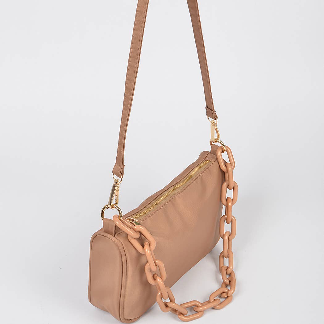 Nylon Shoulder Bag W/Acrylic Chain: Cobalt