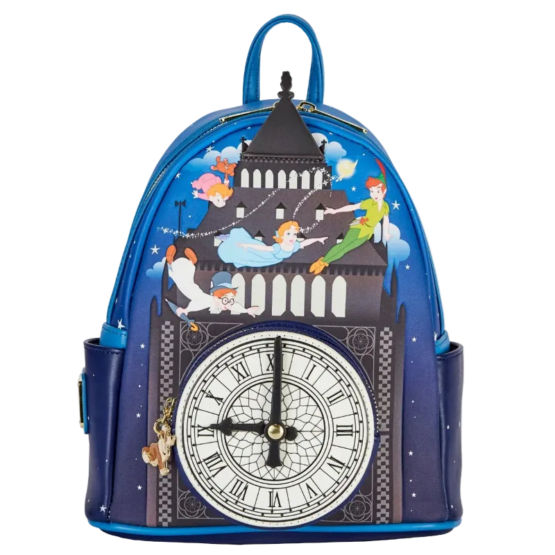 Blue backpack with fairy tale design featuring characters and a clock face on a white background