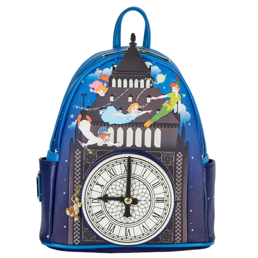 Blue backpack with fairy tale design featuring characters and a clock face on a white background