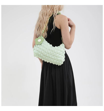 Popcorn Texture Flower Charm Mini Hobo Bag: Green / M