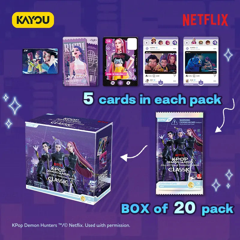 Promotional graphic for a KPop Demon Hunters Classic box set containing 20 packs of cards. The image features the yellow KAYOU logo and red Netflix logo on a purple background, showing sample cards, a large illustrated box, a single pack, and text stating '5 cards in each pack' and 'BOX of 20 pack'.