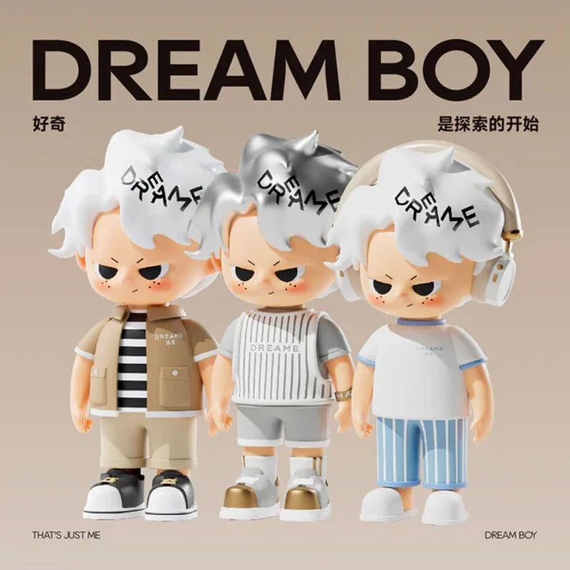Three cartoon figurines with 'Dream Boy' branding on a beige background