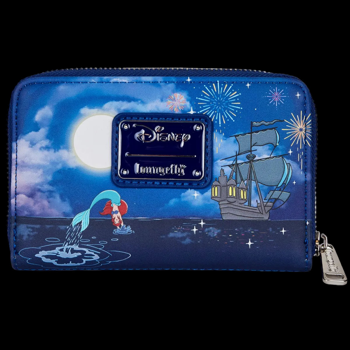 Disney wallet with mermaid and castle design on a blue background