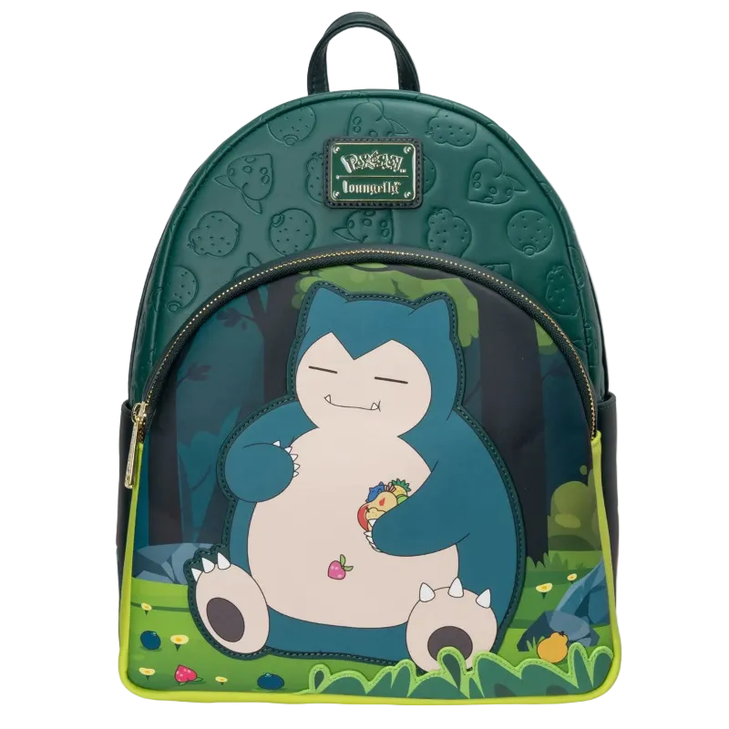 A Loungefly Pokémon Snorlax backpack featuring a large graphic of Snorlax sitting in a forest on the front pocket, with a dark green embossed top panel and lime green accents.