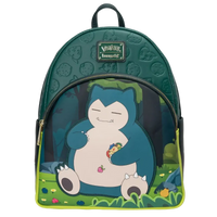 A Loungefly Pokémon Snorlax backpack featuring a large graphic of Snorlax sitting in a forest on the front pocket, with a dark green embossed top panel and lime green accents.