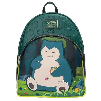 A Loungefly Pokémon Snorlax backpack featuring a large graphic of Snorlax sitting in a forest on the front pocket, with a dark green embossed top panel and lime green accents.
