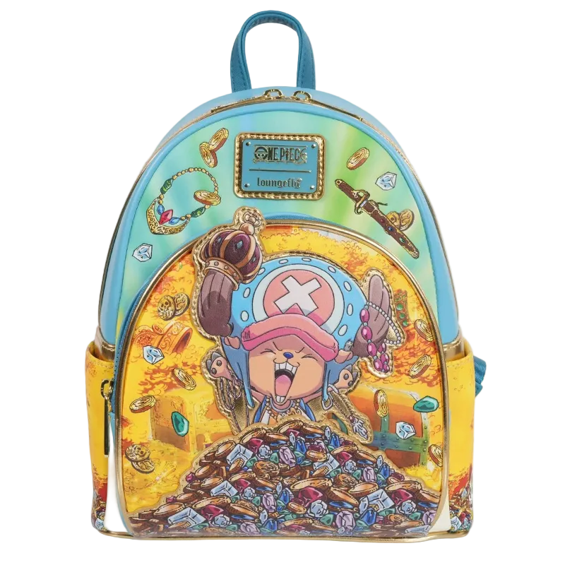 Backpack with colorful design featuring a character and treasure, brand 'Loungefly' visible.