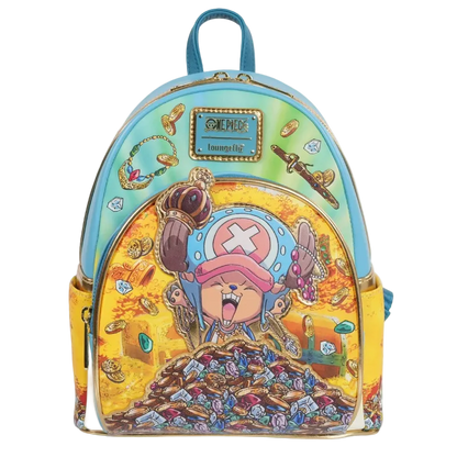 Backpack with colorful design featuring a character and treasure, brand 'Loungefly' visible.