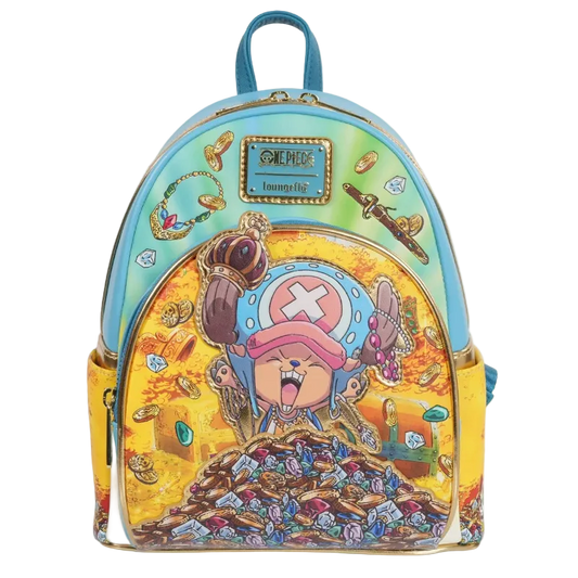 Backpack with colorful design featuring a character and treasure, brand 'Loungefly' visible.