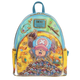 Backpack with colorful design featuring a character and treasure, brand 'Loungefly' visible.