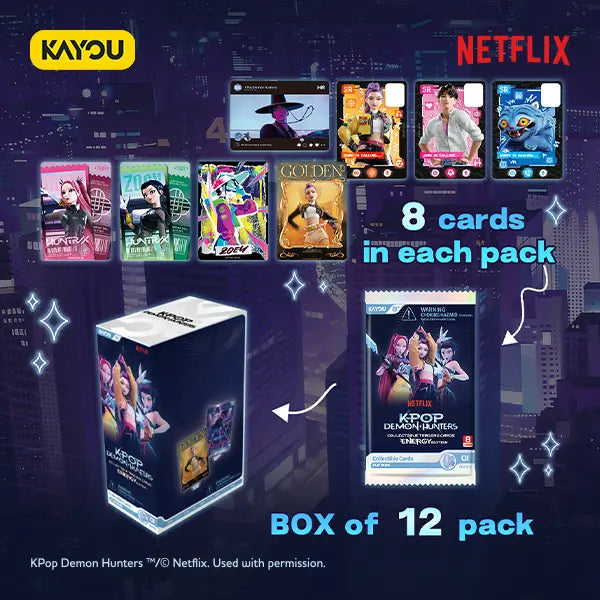 Promotional image of KPop Demon Hunters trading cards with Netflix branding, featuring a box and cards against a cityscape background.