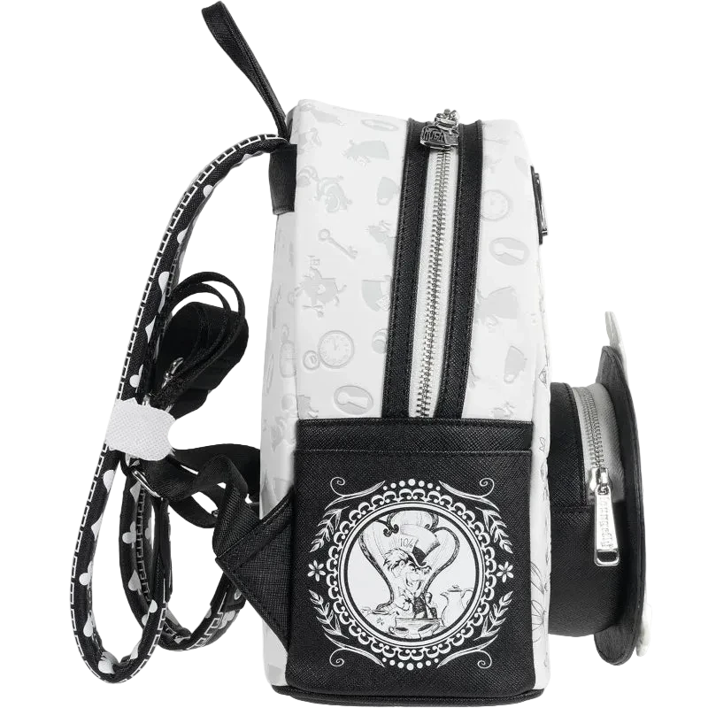 Small backpack with black and white design on a white background