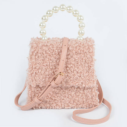 Pearl Handle Fur Clutch: Beige
