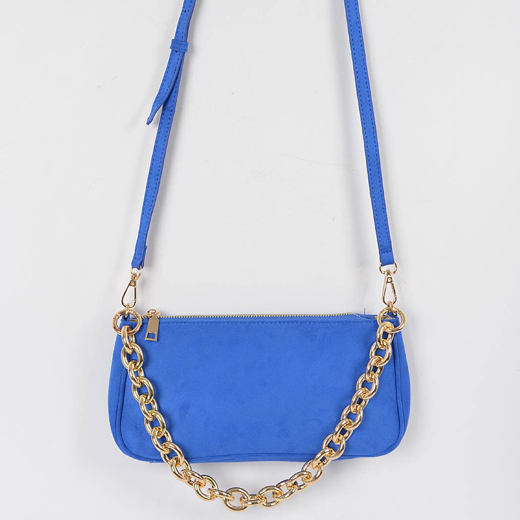 Micro Suede Chain Handle Clutch: Cobalt