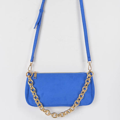 Micro Suede Chain Handle Clutch: Cobalt