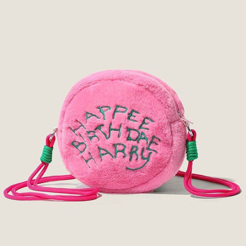 Color Block Embroidered Cute Plush Crossbody Bag: PINK