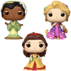 Three Disney princess vinyl figures—Princess Leia, Rapunzel, and Belle—shown on a plain white background.