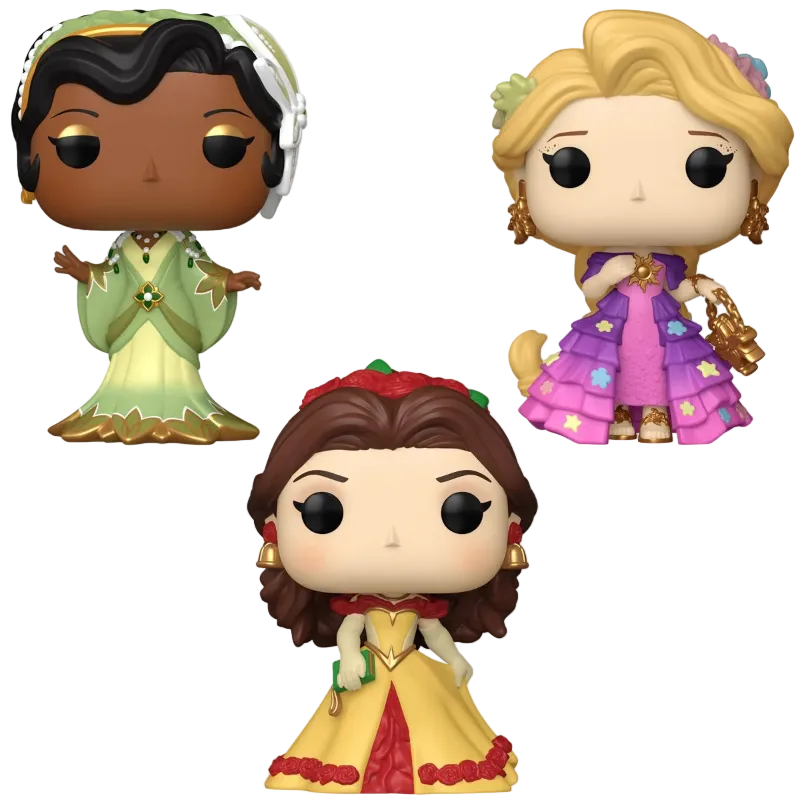 Three Disney princess vinyl figures—Princess Leia, Rapunzel, and Belle—shown on a plain white background.