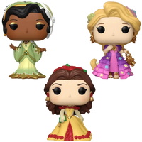 Three Disney princess vinyl figures—Princess Leia, Rapunzel, and Belle—shown on a plain white background.