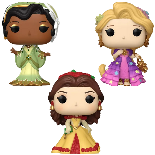 Three Disney princess vinyl figures—Princess Leia, Rapunzel, and Belle—shown on a plain white background.