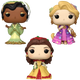 Three Disney princess vinyl figures—Princess Leia, Rapunzel, and Belle—shown on a plain white background.