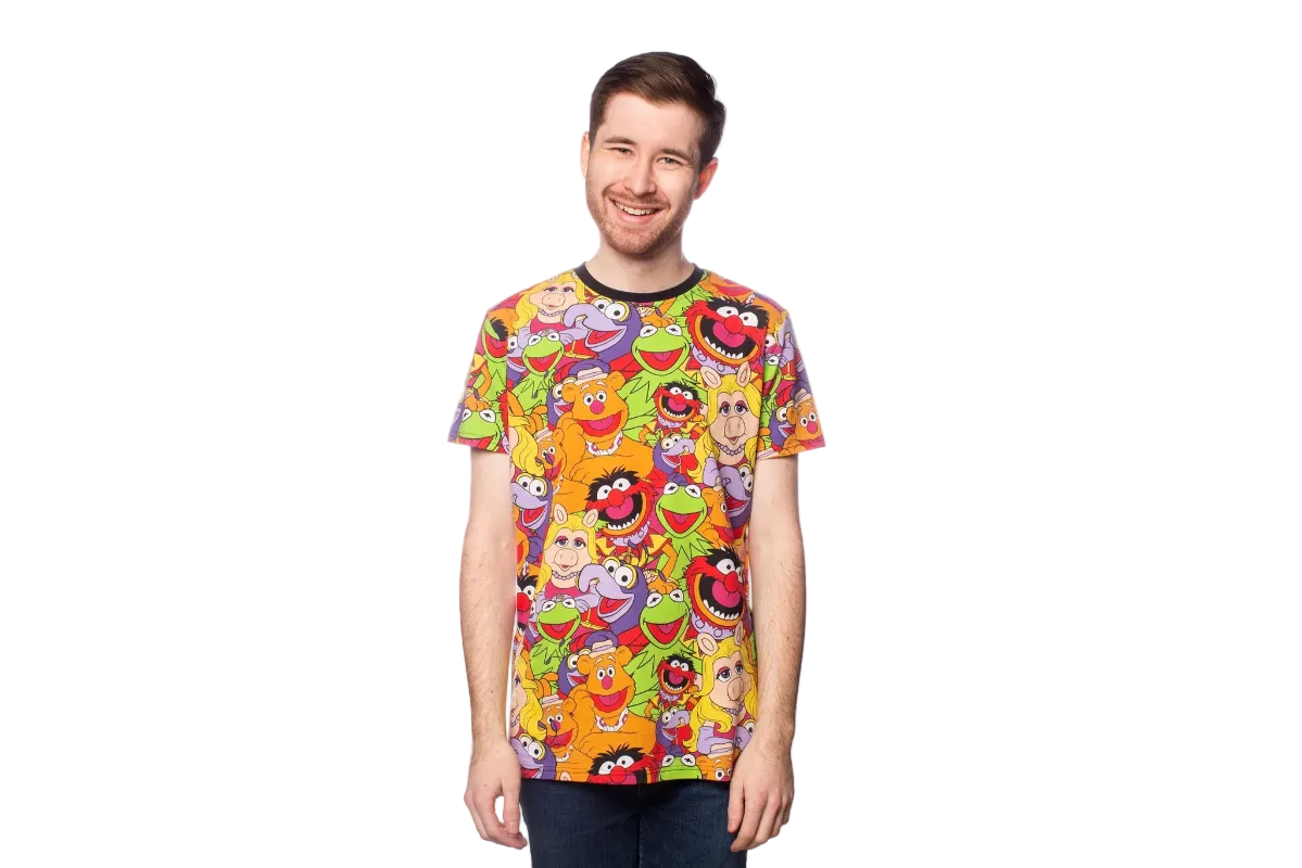Person wearing a colorful t-shirt with cartoon character design on a white background