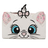 A white faux-leather clutch purse designed like a cat face, featuring large embroidered blue eyes, a pink nose, whiskers, floral-patterned ears, and a pink bow on top.