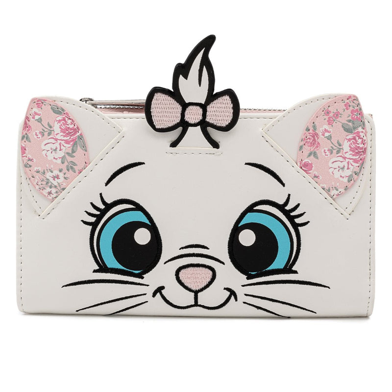 A white faux-leather clutch purse designed like a cat face, featuring large embroidered blue eyes, a pink nose, whiskers, floral-patterned ears, and a pink bow on top.