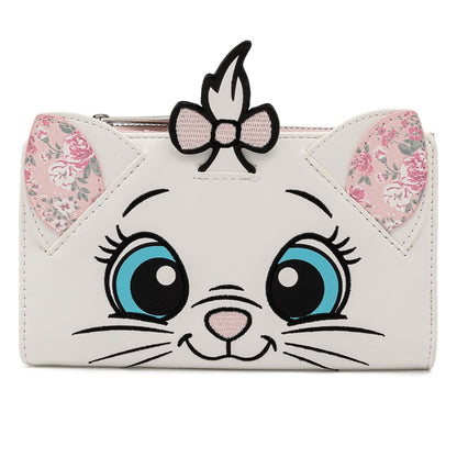 A white faux-leather clutch purse designed like a cat face, featuring large embroidered blue eyes, a pink nose, whiskers, floral-patterned ears, and a pink bow on top.