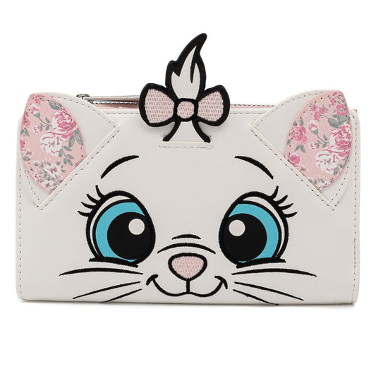A white faux-leather clutch purse designed like a cat face, featuring large embroidered blue eyes, a pink nose, whiskers, floral-patterned ears, and a pink bow on top.