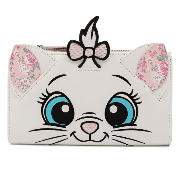 A white faux-leather clutch purse designed like a cat face, featuring large embroidered blue eyes, a pink nose, whiskers, floral-patterned ears, and a pink bow on top.