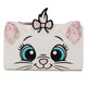 A white faux-leather clutch purse designed like a cat face, featuring large embroidered blue eyes, a pink nose, whiskers, floral-patterned ears, and a pink bow on top.