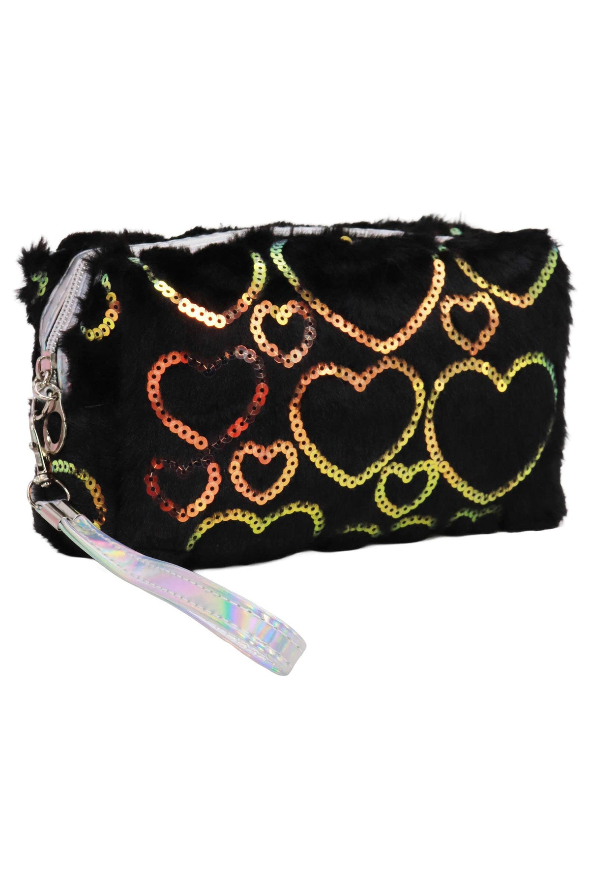 Heart Sequined Fuzzy Fur Cosmetic Pouch Bag: ASSORTED / ONE SIZE