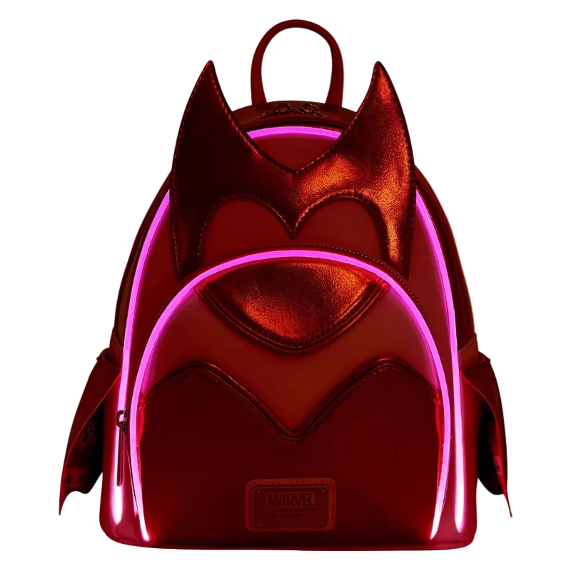 Red backpack with bat design on a white background