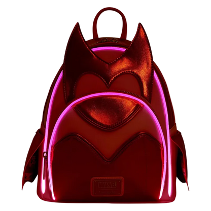 Red backpack with bat design on a white background