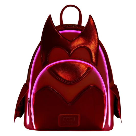 Red backpack with bat design on a white background