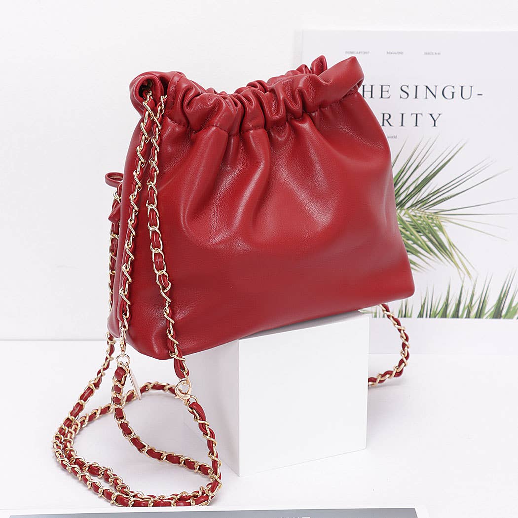 Faux Leather Multi Ribbon Bucket Chain Crossbody Bag: BUR