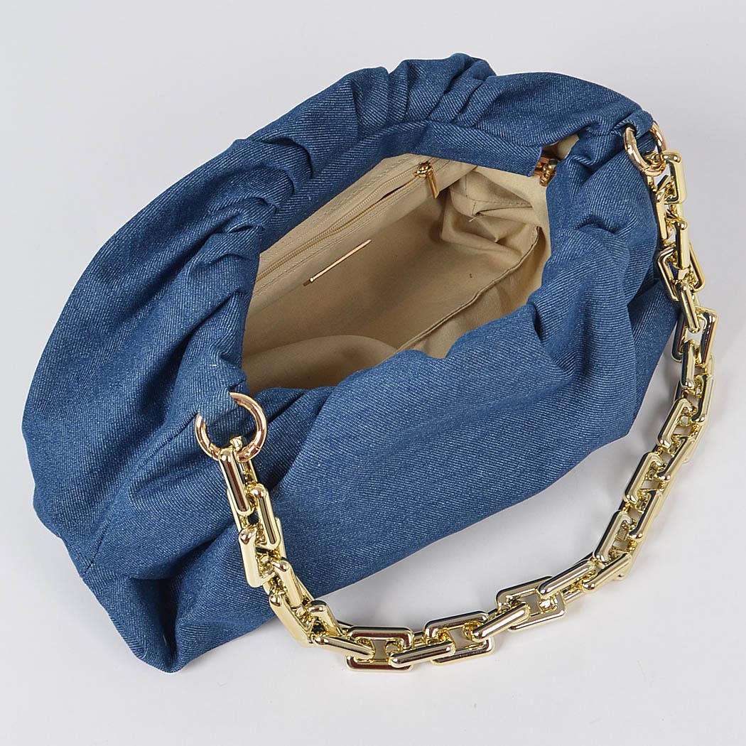 Denim Rectangle Chain Clutch: Light Blue