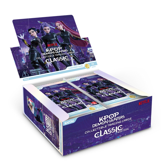 KPop Demon Hunters Classic Edition Series 1 trading card booster box, open with 20 sealed packs inside