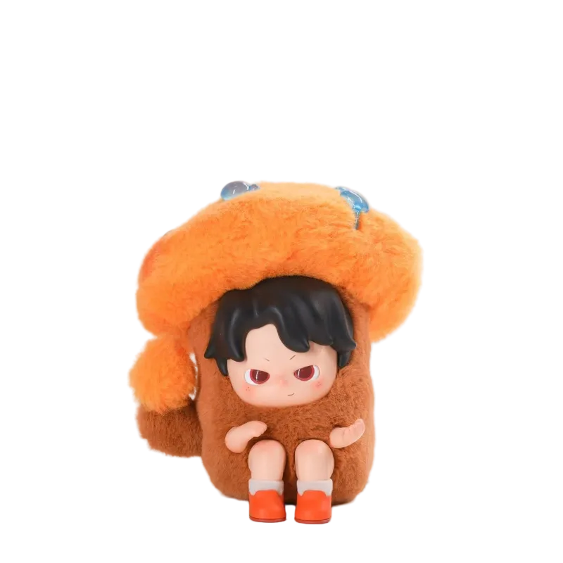 Plush toy with an orange hood and character face on a white background