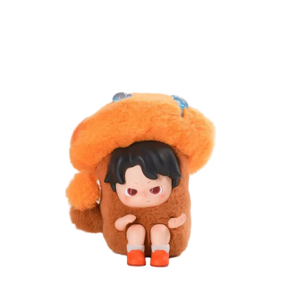 Plush toy with an orange hood and character face on a white background