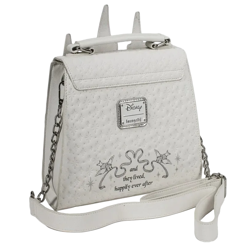 White backpack with chain detail and Disney-themed text on a white background