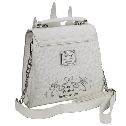 White backpack with chain detail and Disney-themed text on a white background