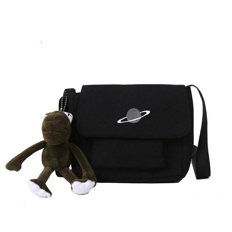 Planet Embroidery Large Capacity Crossbody Shoulder Bag: White with Frog