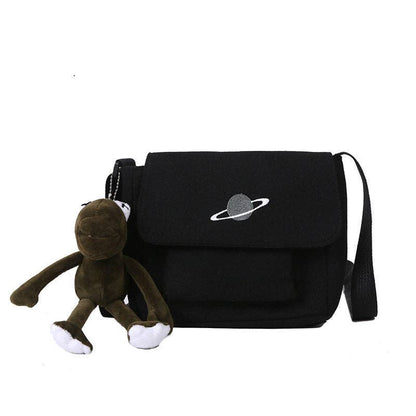 Planet Embroidery Large Capacity Crossbody Shoulder Bag: White with Frog