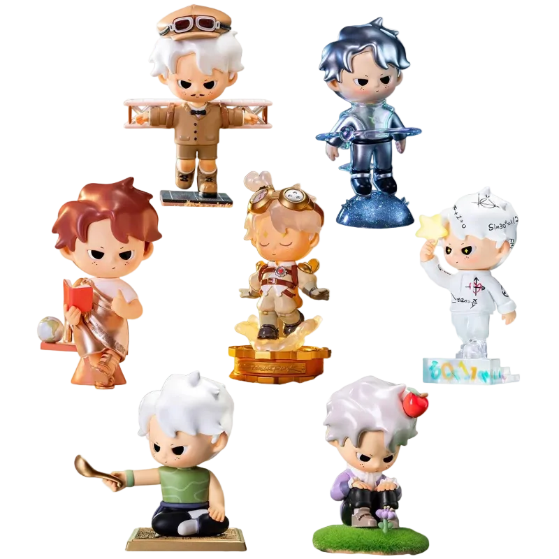 Set of small figurines with various hairstyles and outfits on a white background